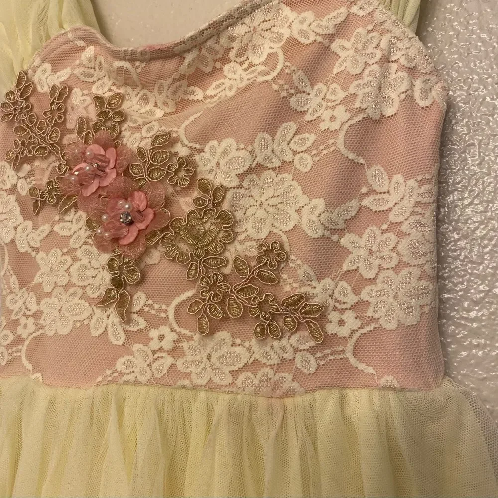 Weissman Dance costume mesh ivory white pink lace dress Halo 12754 Child SC 6